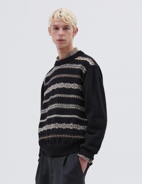  Abstraktes Fairisle-Rundhalsausschnitt-Muster, Schwarz/Natur/Grau | Herren-Strickwaren von Margaret Howell